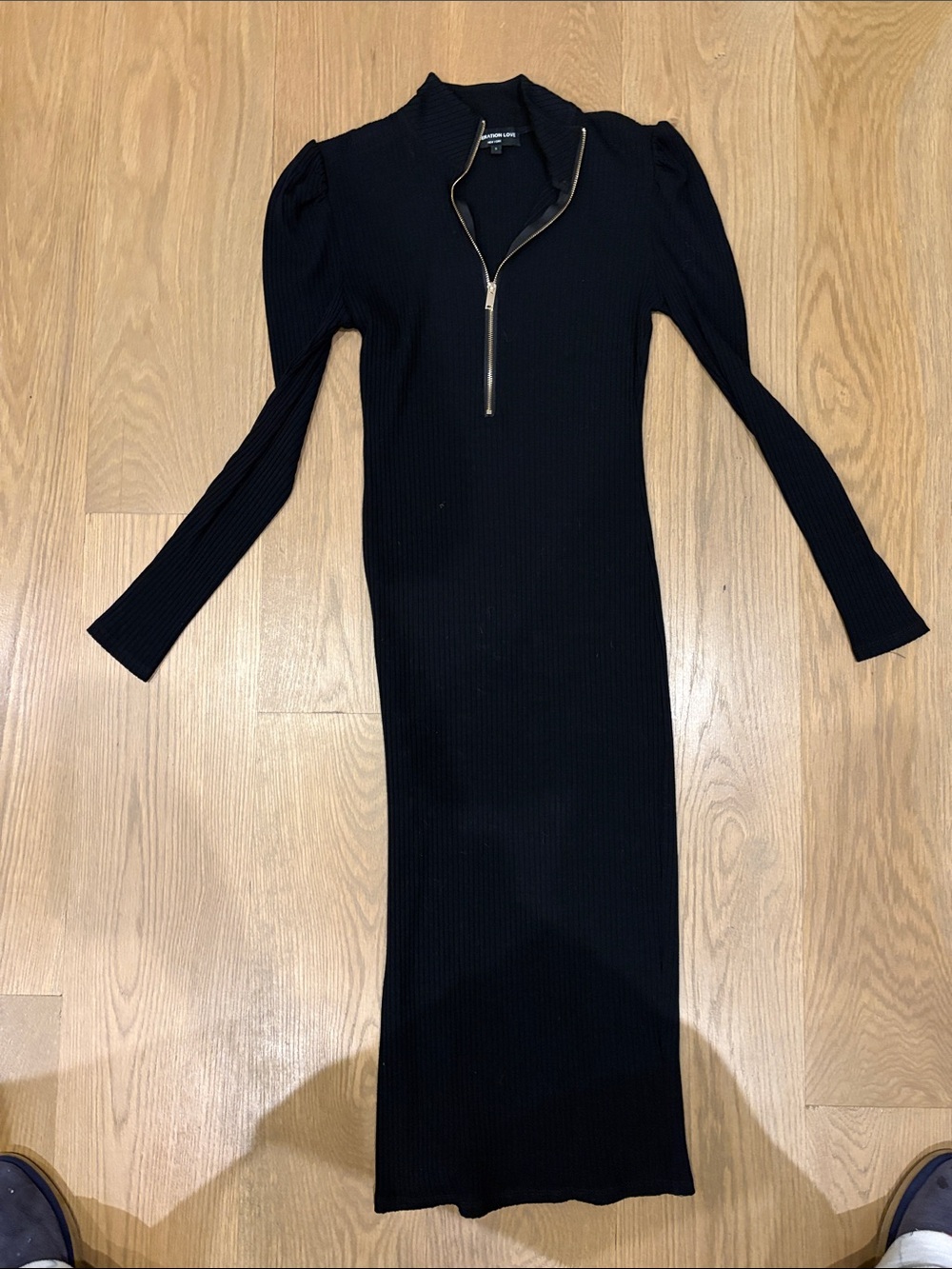 Generation Love Black Ribbed Half-Zip Long Sleeve Midi Dress